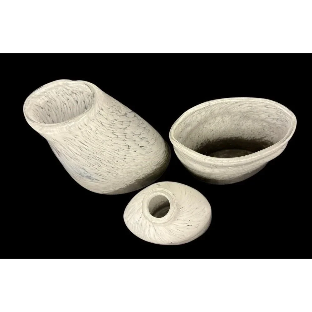 3pc Hand Blown Art Glass Vase Bottle Swirl White & Gray Mottled Set Heavy Decor